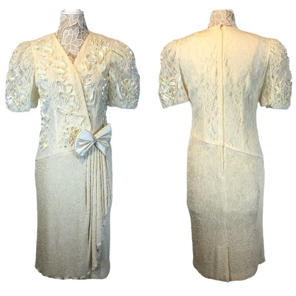 Vintage Leslie Fay lace 70's wrap dress big bow pleated sheer sleeves  size 10 - Picture 1 of 12